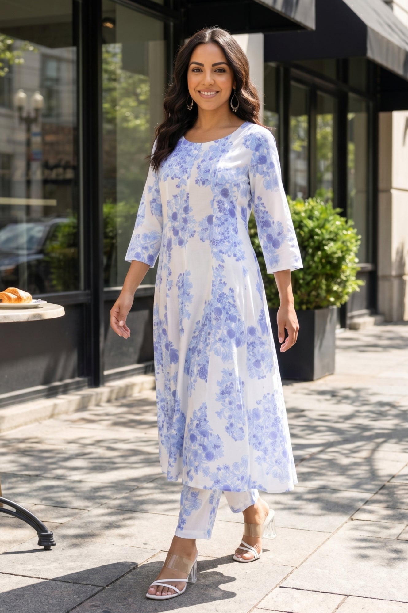 White Floral Printed Flared Kurta and Pants Co-ord Set