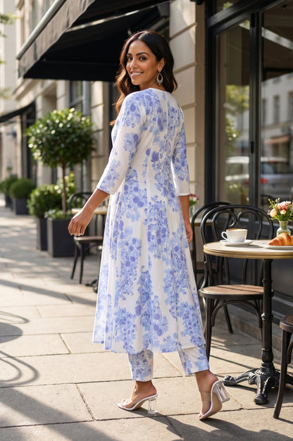 White Floral Printed Flared Kurta and Pants Co-ord Set