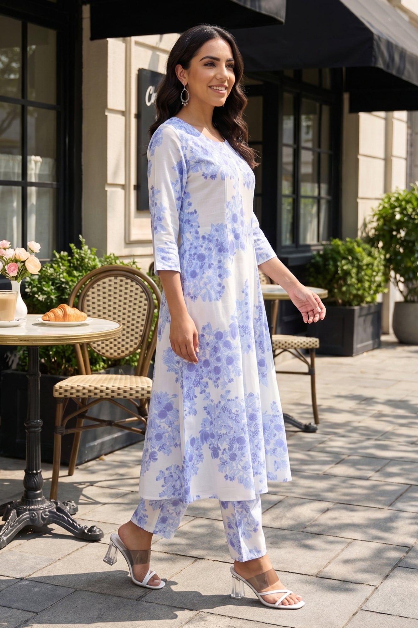 White Floral Printed Flared Kurta and Pants Co-ord Set