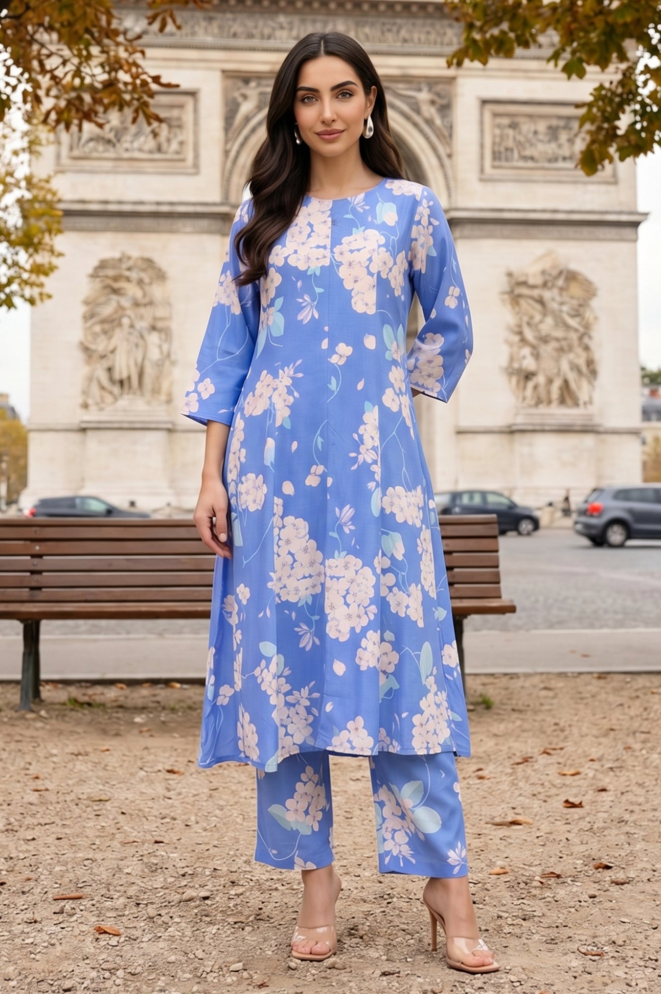 Blue Floral Printed Flared Kurta and Pants Co-ord Set