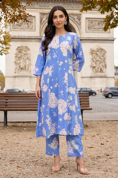 Blue Floral Printed Flared Kurta and Pants Co-ord Set