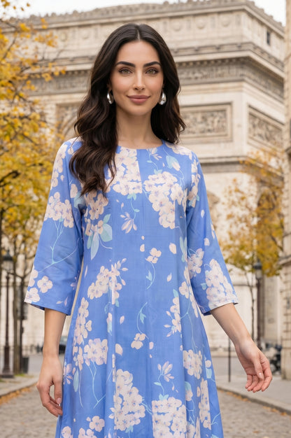 Blue Floral Printed Flared Kurta and Pants Co-ord Set