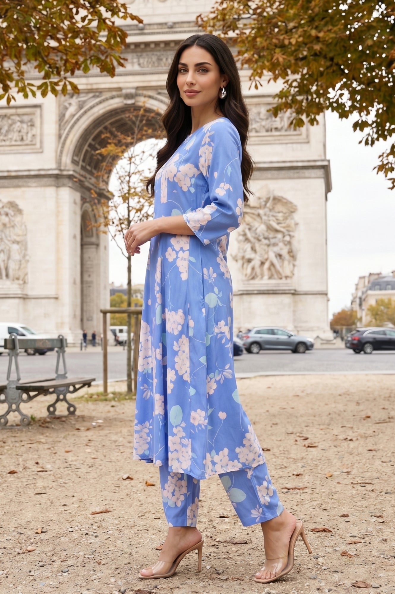 Blue Floral Printed Flared Kurta and Pants Co-ord Set