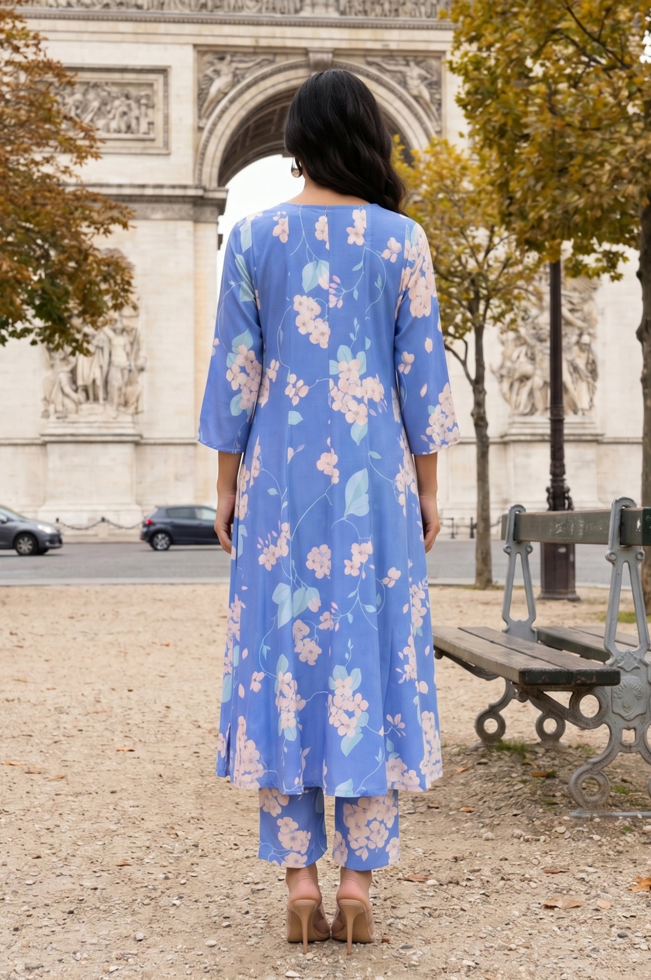 Blue Floral Printed Flared Kurta and Pants Co-ord Set