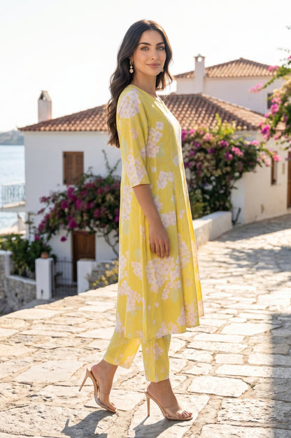 Yellow Floral Printed Flared Kurta with Pants Co-ord Set
