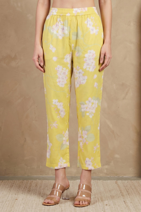 Yellow Floral Printed Flared Kurta with Pants Co-ord Set