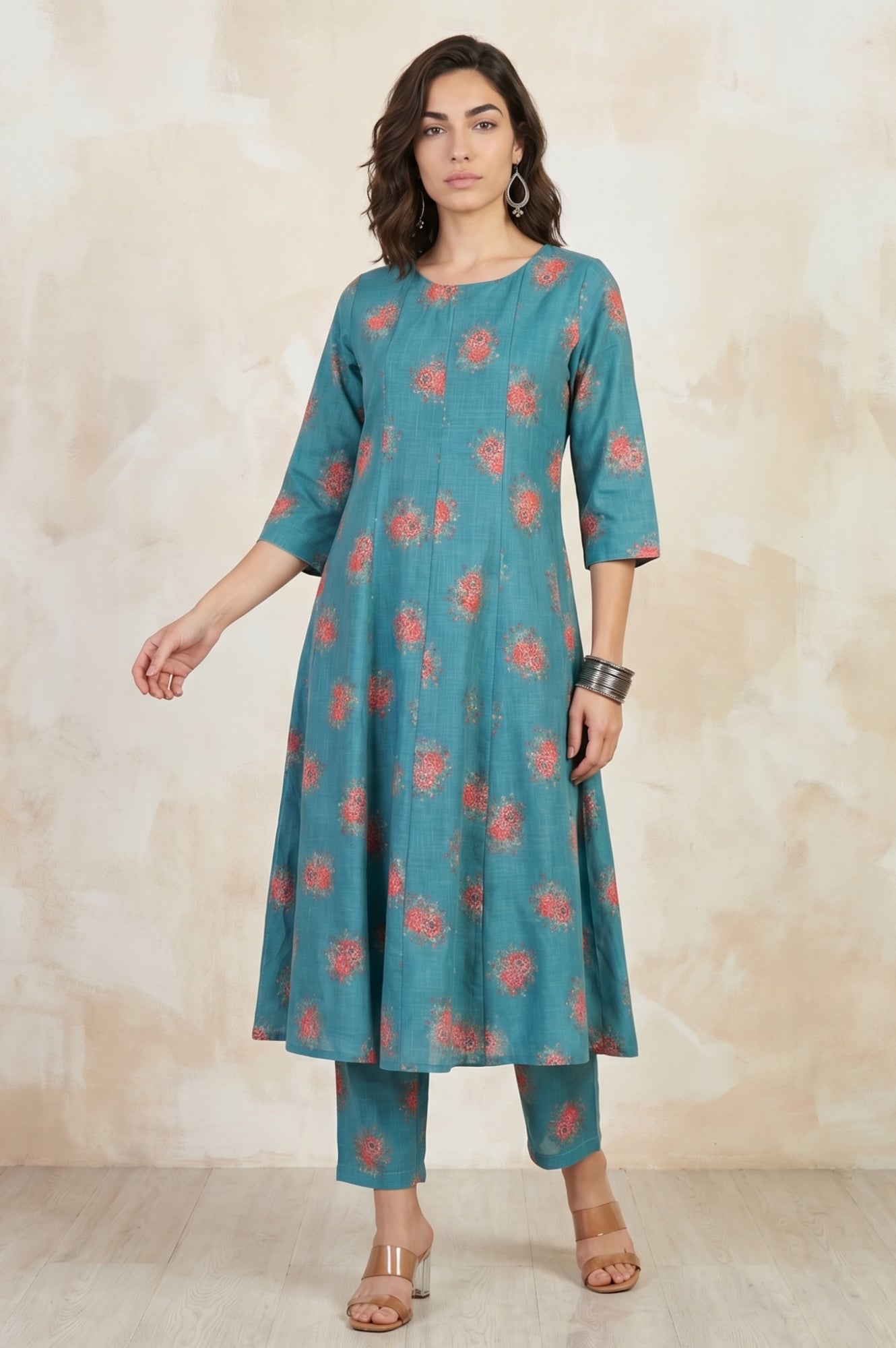 Teal Floral Printed A-line Kurta with Pants Co-ord Set