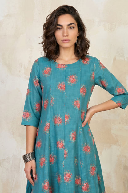 Teal Floral Printed A-line Kurta with Pants Co-ord Set