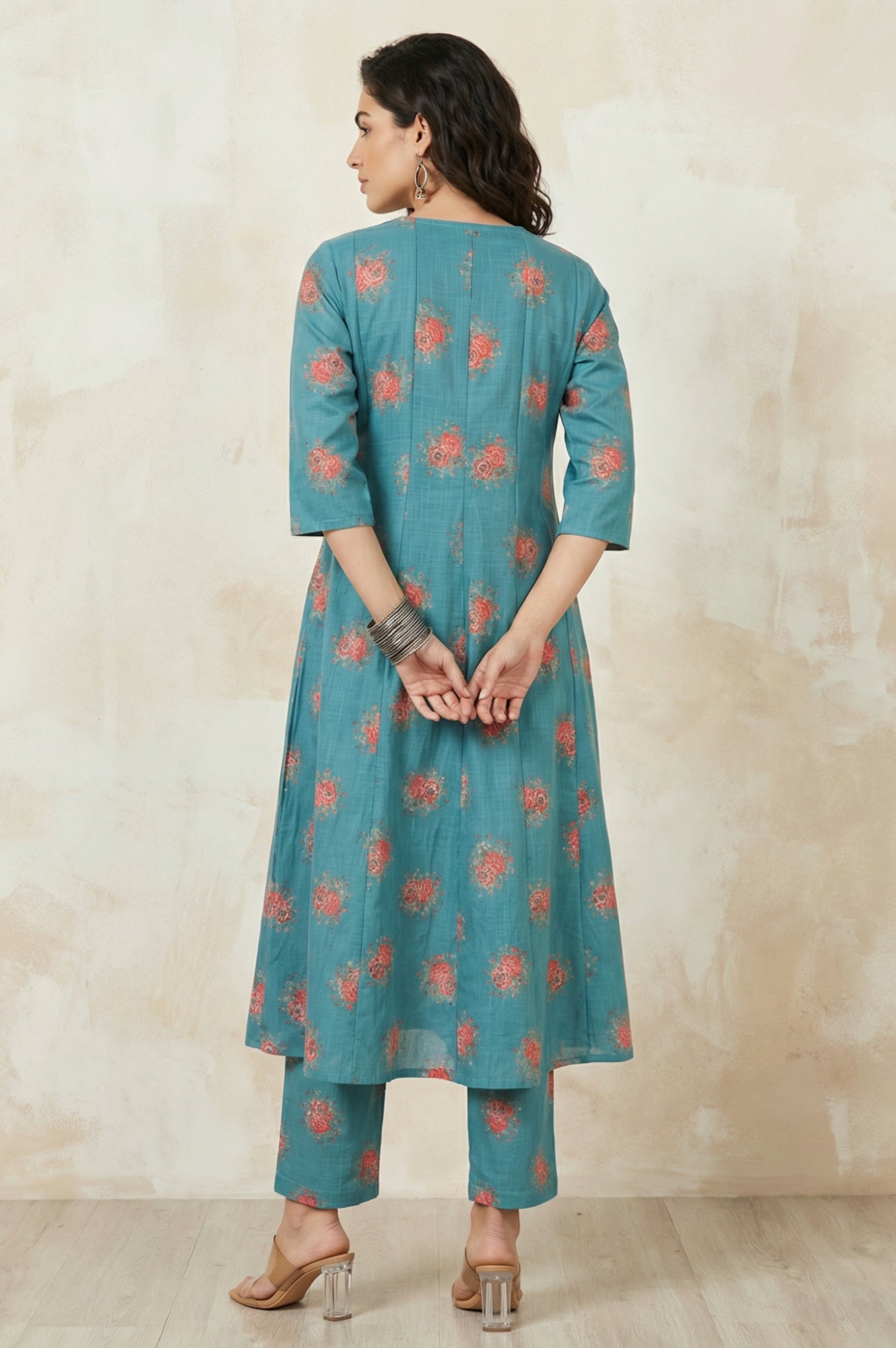 Teal Floral Printed A-line Kurta with Pants Co-ord Set