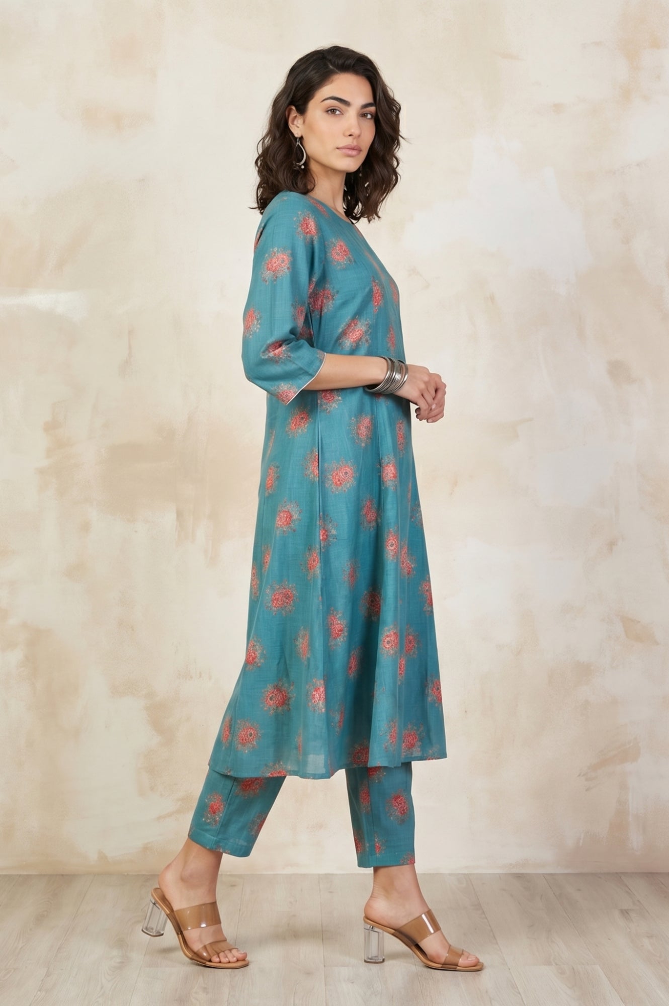 Teal Floral Printed A-line Kurta with Pants Co-ord Set