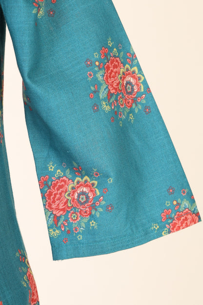 Teal Floral Printed A-line Kurta with Pants Co-ord Set