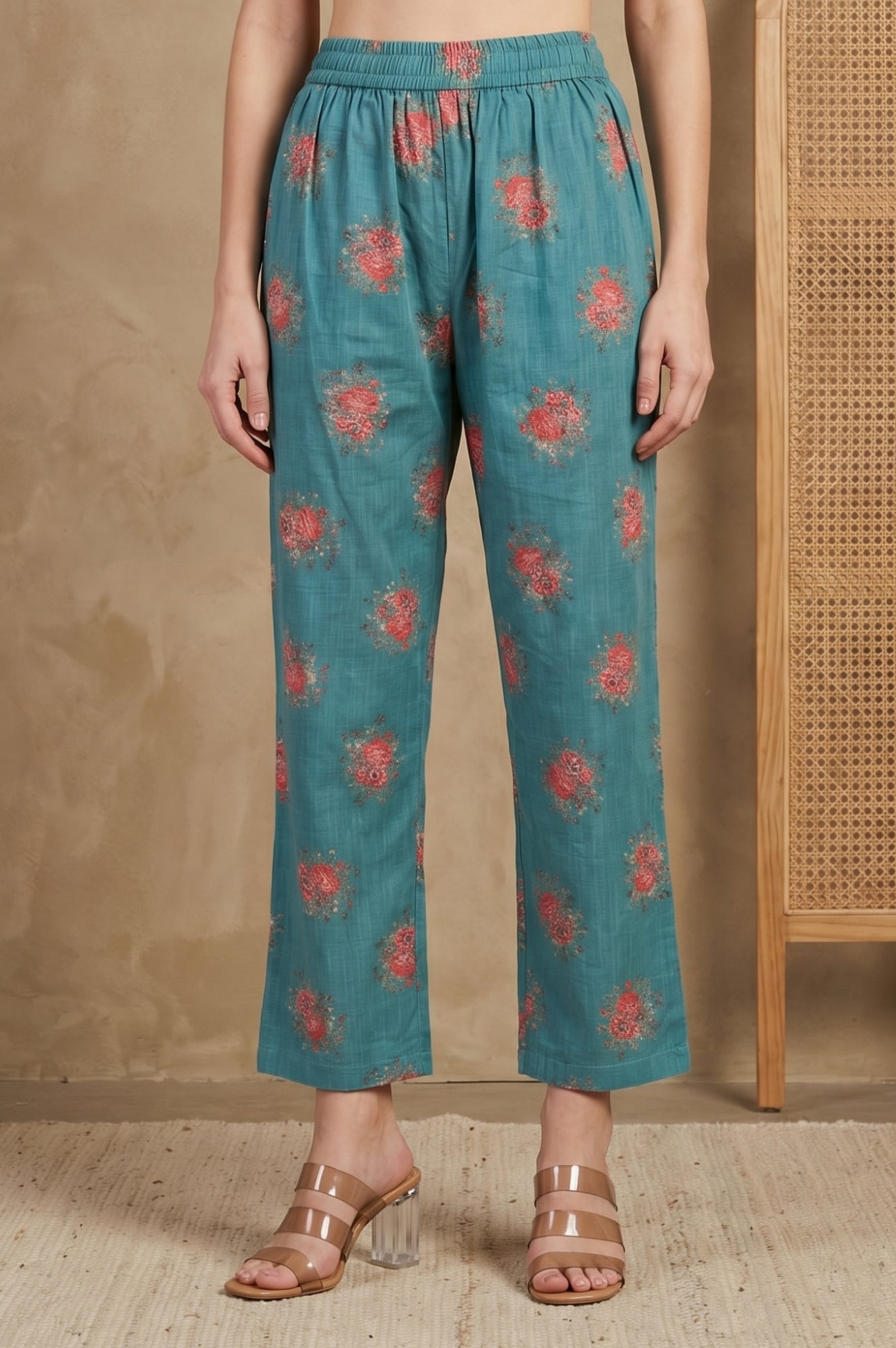 Teal Floral Printed A-line Kurta with Pants Co-ord Set