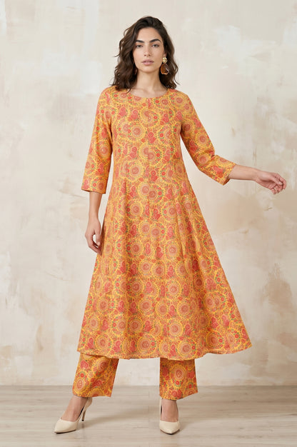Yellow Floral Printed Rayon Flared Kurta With Pants Co-ord Set