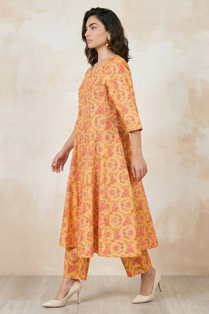 Yellow Floral Printed Rayon Flared Kurta With Pants Co-ord Set