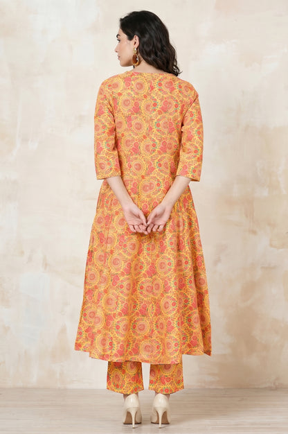 Yellow Floral Printed Rayon Flared Kurta With Pants Co-ord Set