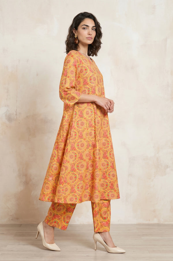 Yellow Floral Printed Rayon Flared Kurta With Pants Co-ord Set