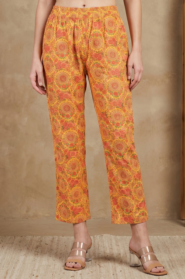 Yellow Floral Printed Rayon Flared Kurta With Pants Co-ord Set