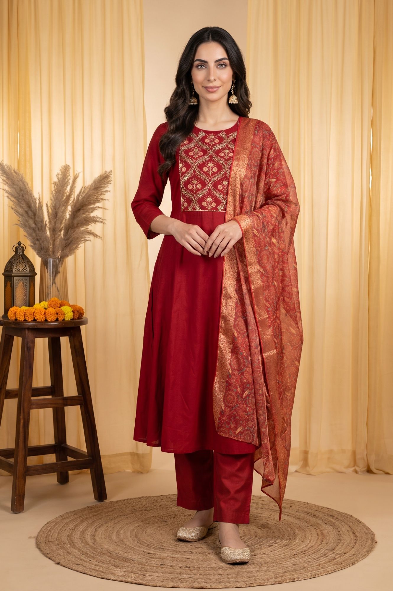 Maroon Thread Embroidered Flared Kurta with Straight Pants and Dupatta Set