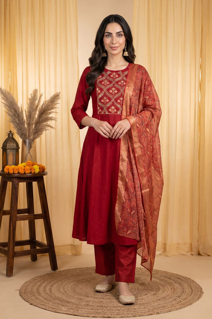 Maroon Thread Embroidered Flared Kurta with Straight Pants and Dupatta Set