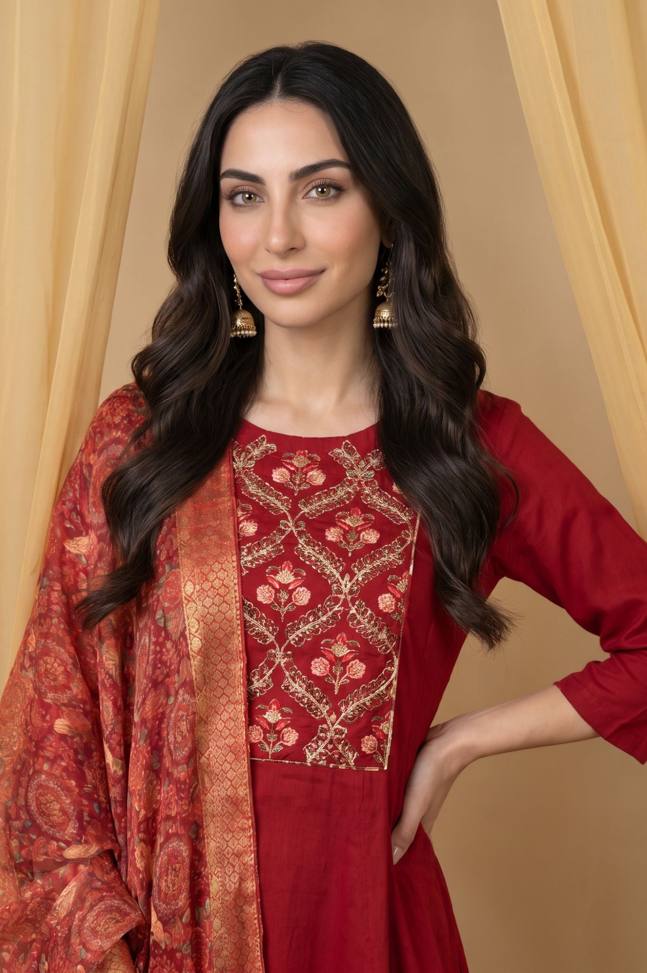 Maroon Thread Embroidered Flared Kurta with Straight Pants and Dupatta Set