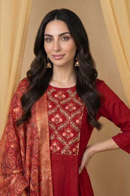 Maroon Thread Embroidered Flared Kurta with Straight Pants and Dupatta Set