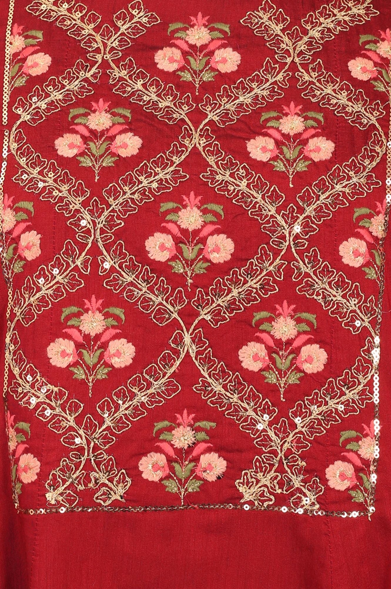 Maroon Thread Embroidered Flared Kurta with Straight Pants and Dupatta Set