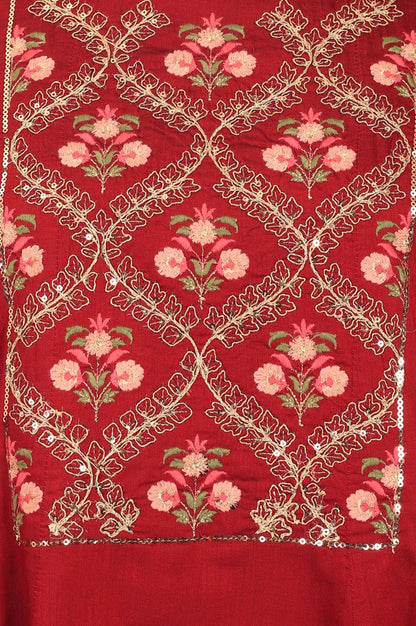 Maroon Thread Embroidered Flared Kurta with Straight Pants and Dupatta Set