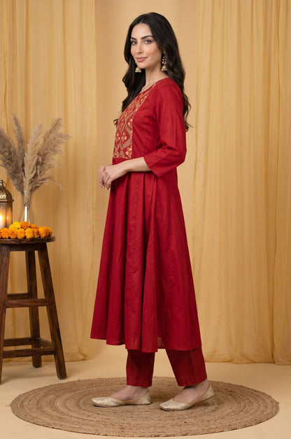 Maroon Thread Embroidered Flared Kurta with Straight Pants and Dupatta Set