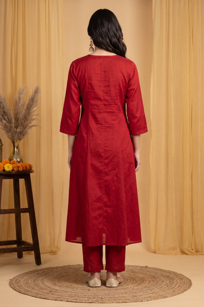Maroon Thread Embroidered Flared Kurta with Straight Pants and Dupatta Set