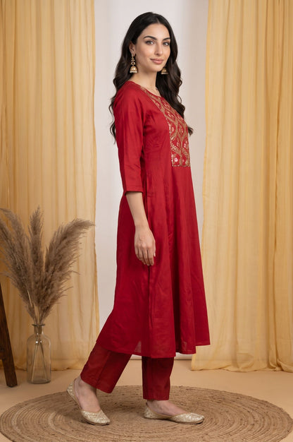 Maroon Thread Embroidered Flared Kurta with Straight Pants and Dupatta Set