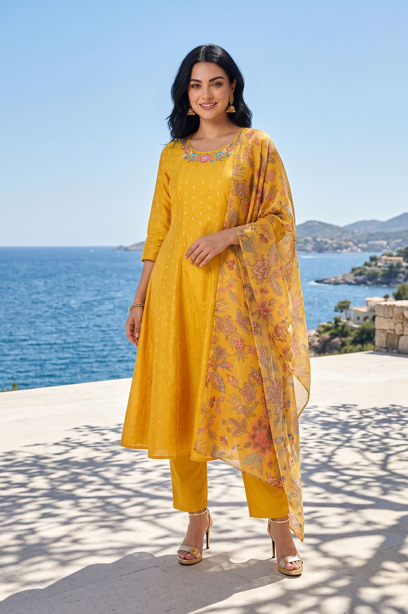 Mustard Yarn Dyed Textured Thread Embroidered Chanderi A-line Kurta with Pant and Dupatta Set