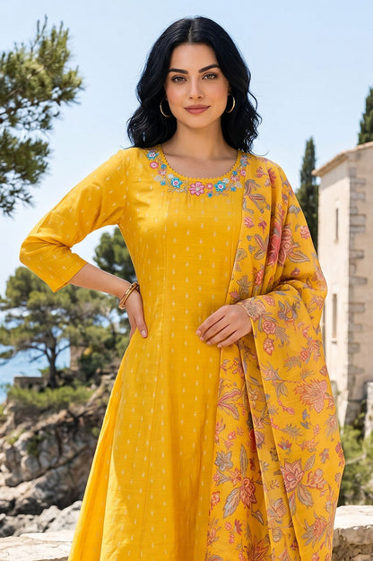 Mustard Yarn Dyed Textured Thread Embroidered Chanderi A-line Kurta with Pant and Dupatta Set