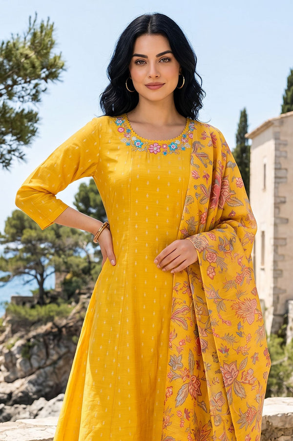 Mustard Yarn Dyed Textured Thread Embroidered Chanderi A-line Kurta with Pant and Dupatta Set