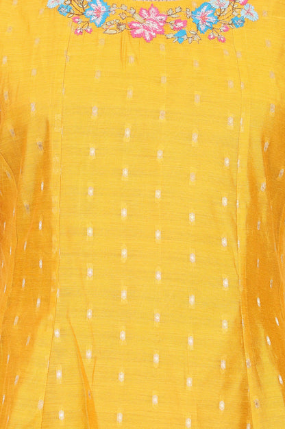 Mustard Yarn Dyed Textured Thread Embroidered Chanderi A-line Kurta with Pant and Dupatta Set