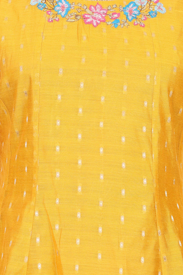 Mustard Yarn Dyed Textured Thread Embroidered Chanderi A-line Kurta with Pant and Dupatta Set