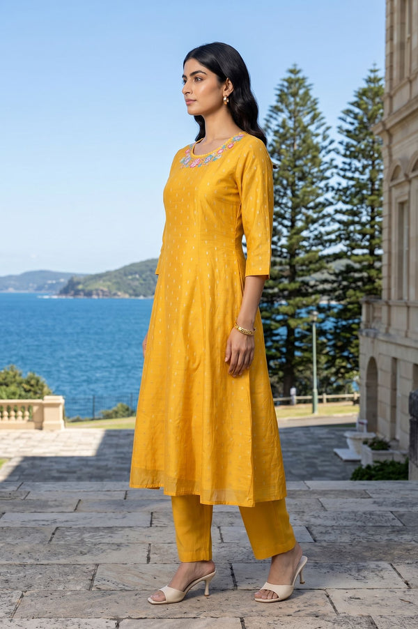 Mustard Yarn Dyed Textured Thread Embroidered Chanderi A-line Kurta with Pant and Dupatta Set