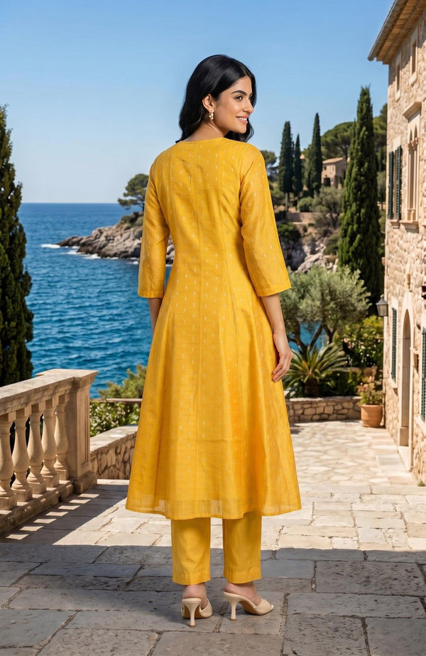 Mustard Yarn Dyed Textured Thread Embroidered Chanderi A-line Kurta with Pant and Dupatta Set