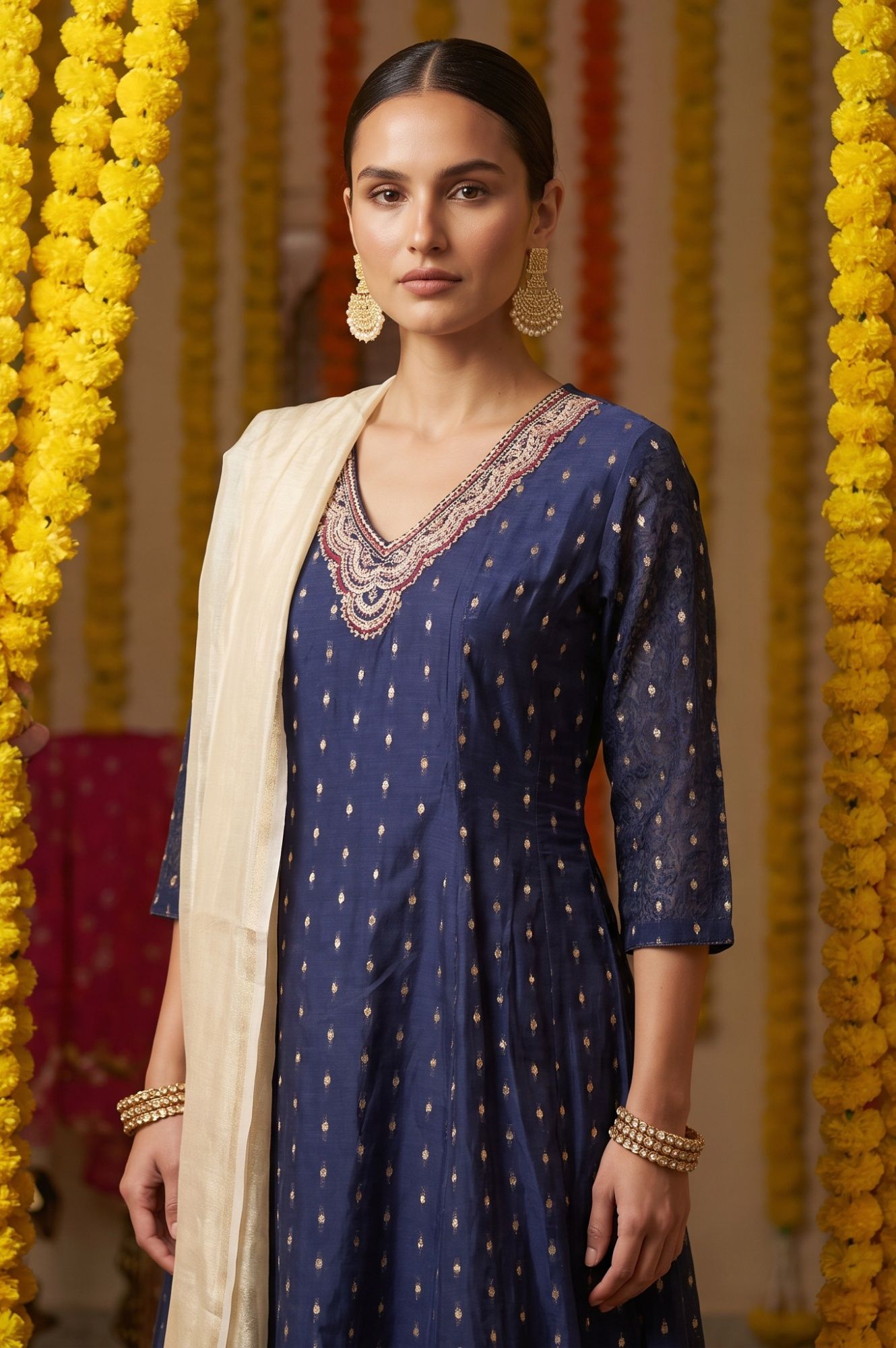 Navy Blue Yarn Dyed Thread Embroidered Chanderi Straight Kurta with Straight Pants and Dupatta Set