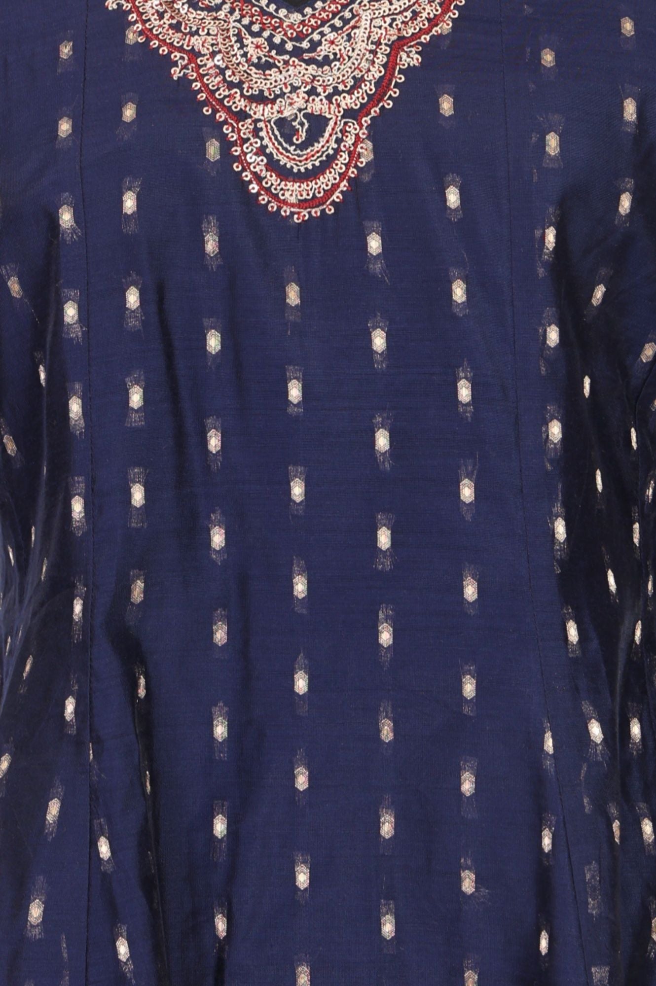 Navy Blue Yarn Dyed Thread Embroidered Chanderi Straight Kurta with Straight Pants and Dupatta Set