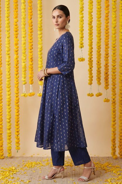 Navy Blue Yarn Dyed Thread Embroidered Chanderi Straight Kurta with Straight Pants and Dupatta Set