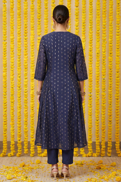 Navy Blue Yarn Dyed Thread Embroidered Chanderi Straight Kurta with Straight Pants and Dupatta Set