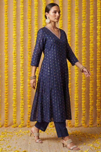 Navy Blue Yarn Dyed Thread Embroidered Chanderi Straight Kurta with Straight Pants and Dupatta Set