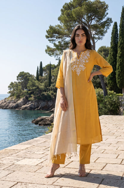 Mustard Thread Embroidered Chanderi Straight Kurta with Straight Pants and Dupatta Set