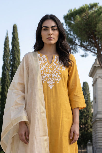 Mustard Thread Embroidered Chanderi Straight Kurta with Straight Pants and Dupatta Set