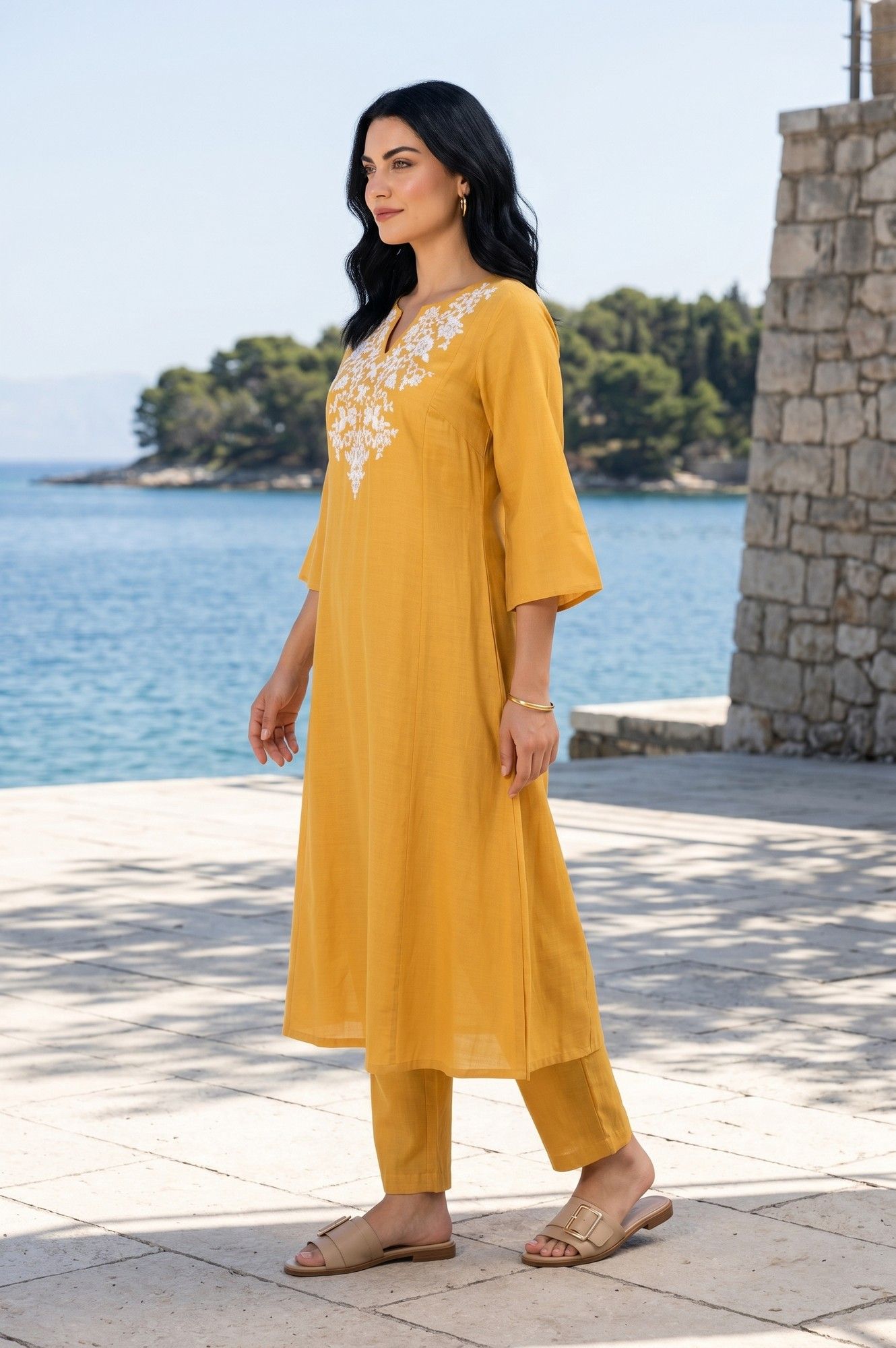 Mustard Thread Embroidered Chanderi Straight Kurta with Straight Pants and Dupatta Set