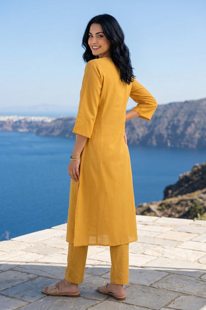 Mustard Thread Embroidered Chanderi Straight Kurta with Straight Pants and Dupatta Set