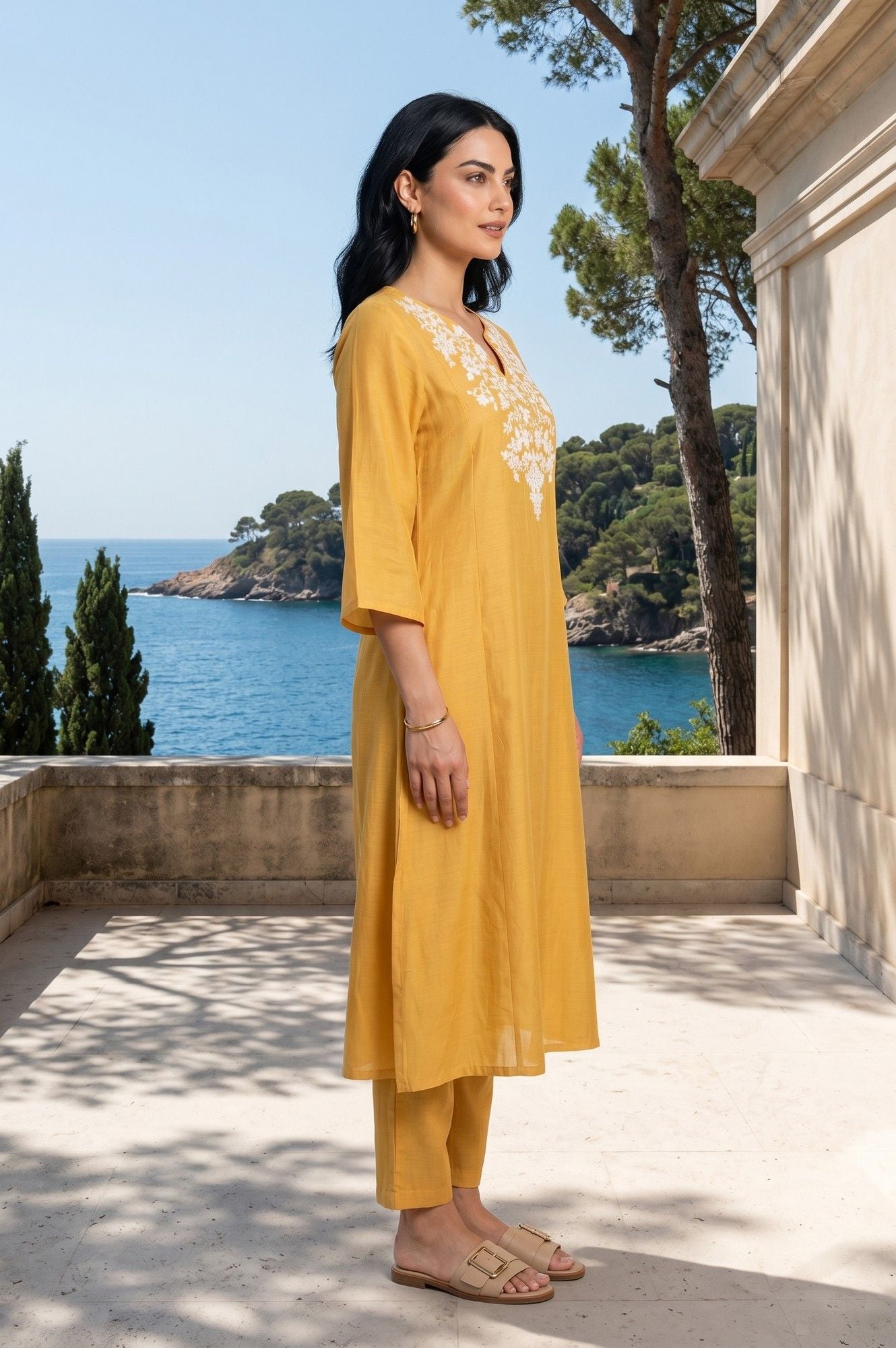Mustard Thread Embroidered Chanderi Straight Kurta with Straight Pants and Dupatta Set