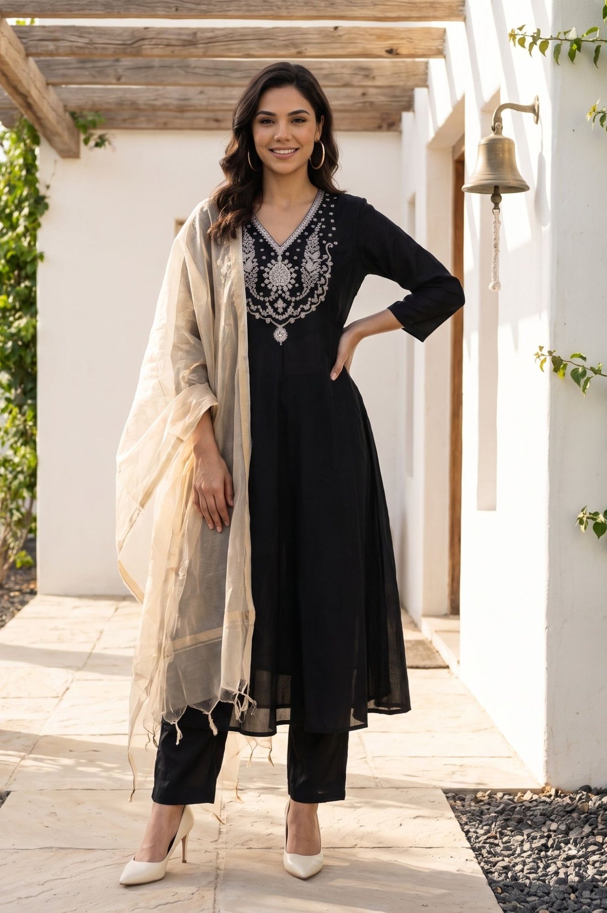 Black Sequins Chanderi Flared Kurta with Pants and Dupatta Set