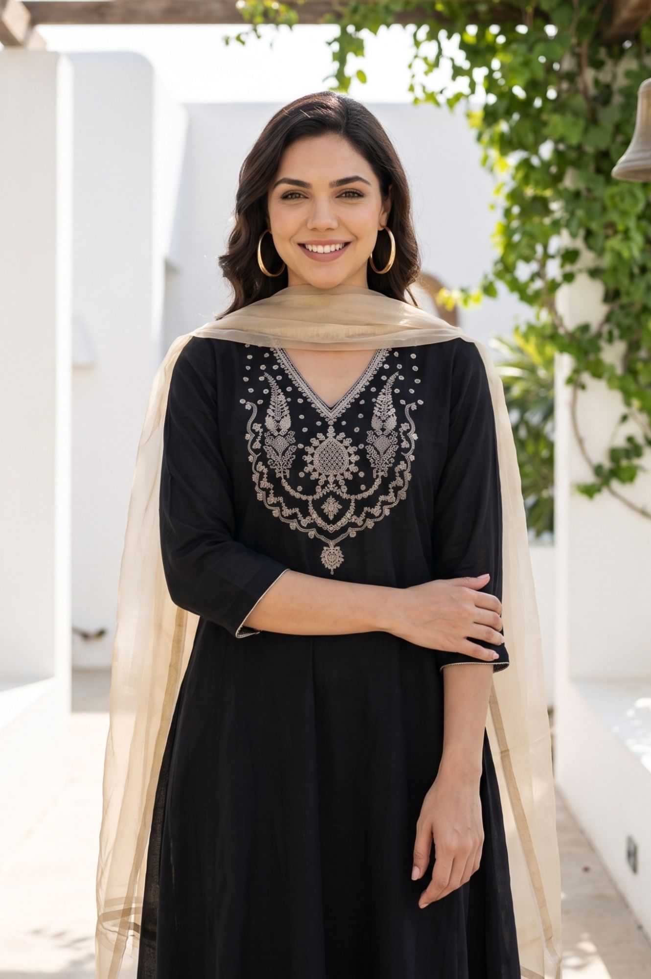 Black Sequins Chanderi Flared Kurta with Pants and Dupatta Set