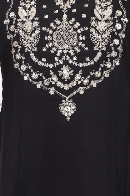 Black Sequins Chanderi Flared Kurta with Pants and Dupatta Set